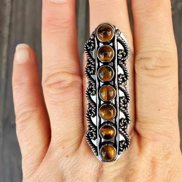 New 7 Stone Tiger Eye Adjustable Silver Statement Ring. - Picture 2 of 15
